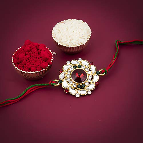 Sukkhi Rakhi for Brother Elegant Floral Kundan Designer Gold Plated With Roli Chawal & Greeting Card