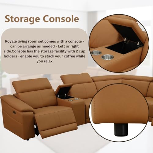 Image of Homax. Royale Leatherette Upholstered 5 Seater Power Reclining Sectional Sofa with Adjustable Headrests, Built-in Console & USB Charging Ports, Colour - Camel Brown
