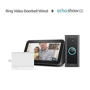 Ring Video Doorbell Wired + Alimentatore Plug-In di Amazon + Echo Show 5 (2ª generazione, modello 2021) Schermo intelligente con Alexa | Video in HD, alimentazione tramite presa elettrica