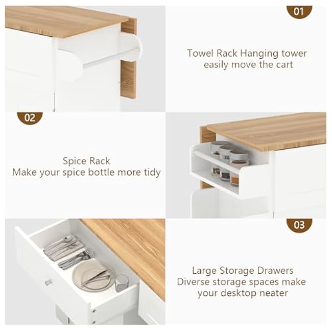 YOURLITE Kitchen Islands with Wheels, 45 Kitchen Island with Drop Leaf, Home Bar Table with Spice Rack & with Trash Cabinet, Rolling Island Table for Dining Room with Power Outlet, White-pCfgEu4k