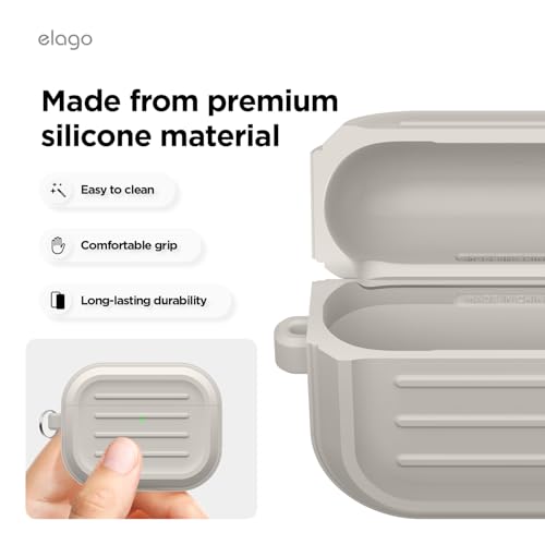 Image of elago Armor Case Compatible with AirPods Pro 3 Case - Carabiner Included, Supports Wireless Charging, Shock Resistant, Full Protection (Stone)
