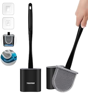 Toilet Brush, Silicone Toilet Brush with Holder SetBathroom Dead Corner Deep Toilet Brush with Non-slip Long Handle & Soft Brushes Bristles & Anti-drip Base(Black)