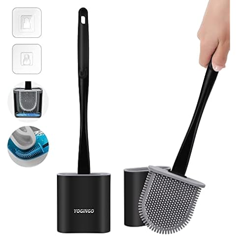 Toilet Brush, Silicone Toilet Brush with Holder Set,Bathroom Dead Corner Deep Toilet Brush with Non-slip Long Handle & Soft Brushes Bristles & Anti-drip Base(Black) Cover