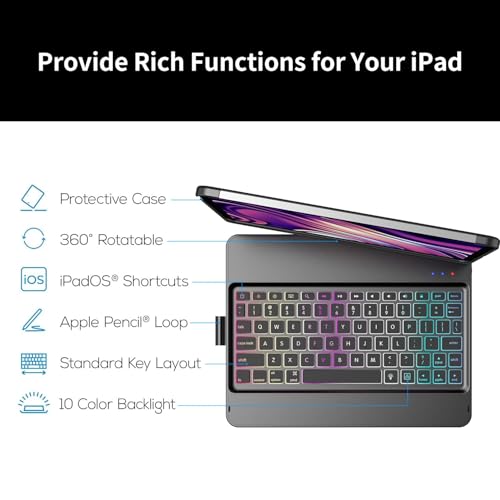 Image of GGH Keyboard Case for iPad Pro 11 Inch & Air 11 inch M4 /M3 /M2, Black | 10-Color Backlight Keyboard with Pencil Holder, 360 Rotatable, Compatible with iPad Pro 11 1st-4th Gen & Air11 M2 /M3 /M4