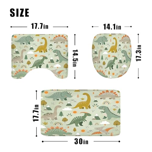 Image of 4PCS Kids Dinosaur 71Wx71H Inches Green Plant Leaves Botanical for Boys Shower Curtain Sets with Rugs, Toilet Lid Cover and Bath Mat, Cute Bath Accessories Art Home Decor Fabric 12 Pack Hooks