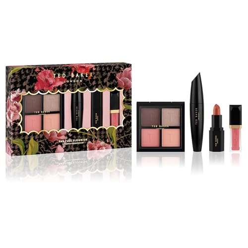 Ted Baker The Full Flourish Gift Lot de 4 ombres à paupières, mascara, rouge à lèvres et brillant à lèvres, coffret cadeau de maquillage de luxe pour...
