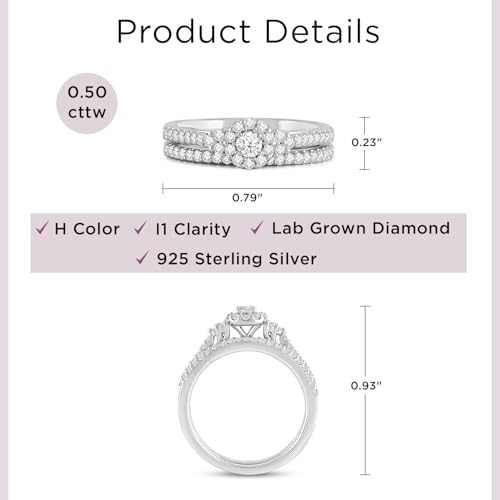 Jewelili 925 Sterling Silver Diamond Ring for Women | 0.50 CTW Round Bridal Set Wedding Engagement Rings | H Color I1 Clarity | Lab Grown Diamond Ring | Size 6,7 & 84