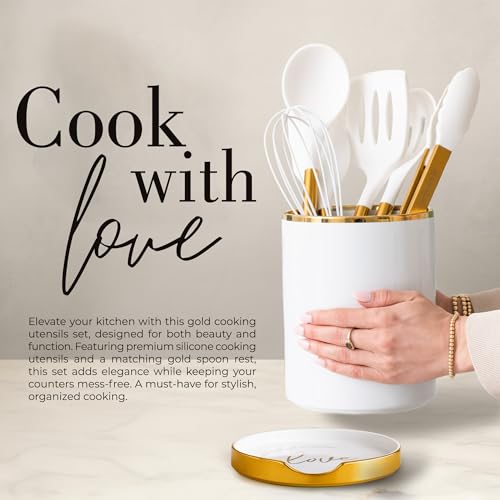 Image of 8 Piece White and Gold Kitchen Utensils - White Silicone Cooking Utensils Set, Ceramic Utensil Holder & Stackable Gold Spoon Rest -Nonstick, Non-Toxic, Heat Resistant, Luxury Kitchen Accessories