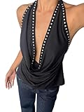 MakeMeChic Women's Halter Tops Deep V Cowl Neck Backless Rivet Summer Going Out Tank Top Black Small