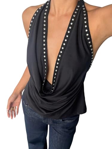 MakeMeChic Women's Halter Tops Deep V Cowl Neck Backless Rivet Summer Going Out Tank Top Black Small