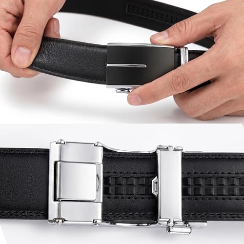 Image of JINIU Men's Ratchet Belt Buckle, Black Genuine Leather Slide Belt for Men Dress Suit, Micro Adjustable Trim to Fit Boxed