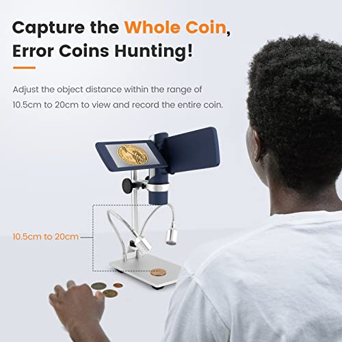 Image of LM203S 4 inch HDMI Digital Microscope, Portable Coin Microscope Full View of Coins, 800X Handheld Coin Magnifier Magnifying with Light, Wireless USB Microscope with Metal Stand, 5pcs Microscope Slides