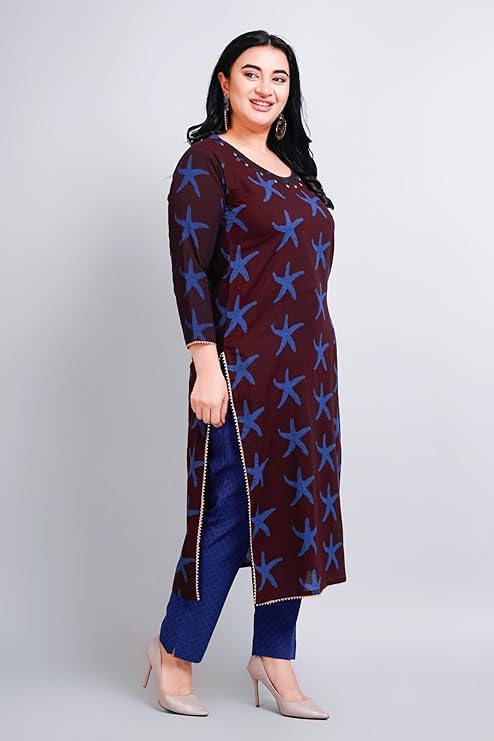 Image of Women Cotton Kurta Set Artisanal Bagh Print with Organic Colour | Metal Coin Tucked on Neck and Gota Lace | Kurta and Straight Pants Set