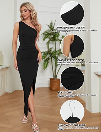 Sarin Mathews Womens One Shoulder Long Formal Dress Sexy Summer Sleeveless Bodycon Ruched Wrap Split Cocktail Dresses Black M #TOP3