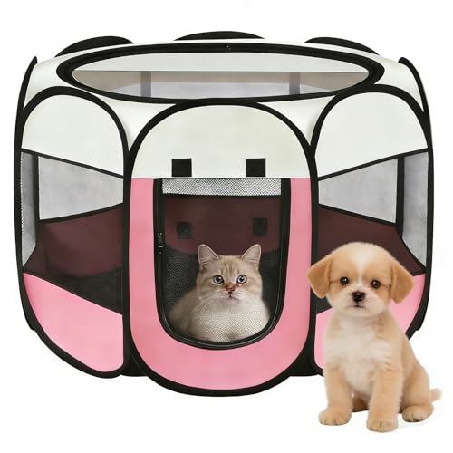 Recinto per Cani da Interno, 74x74x43cm Gabbia per Gatti recinto per conigli da interno kennel cane piccolo Box Pieghevole per Cane, Gabbia per Gatto Esterno (rosa + bianco crema, 74x74x43cm)