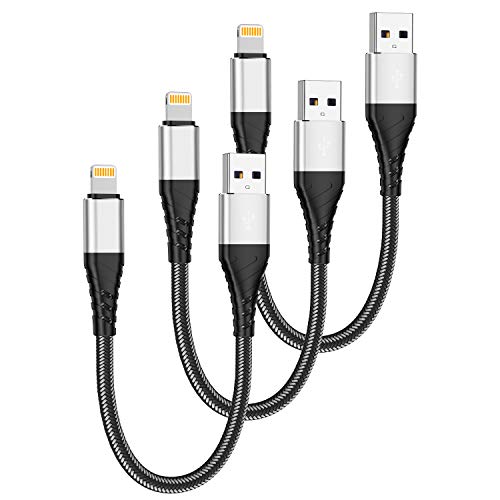 Short iPhone Charger Cable 1ft, CyvenSmart 3Pack 1 Foot Lightning Cables, Nylon Braided Data Sync 1 Feet iPhone USB Charging Cable Cord for iPhone 11/11 Pro / 11 Pro Max/XS/XS Max/XR/X / 8,Sliver