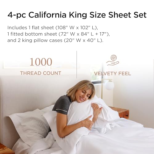 Threadmill Supima Luxury Cotton Sheets - California King, 1000 Thread Count Sateen Weave, 4 Pc Set, Deep Pocket, Hotel White