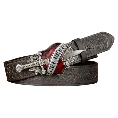 Antique Belt, Western Cowboy PU Leather Belts with Heart and Sword Carved Buckle Retro Embossed Belt for Jeans