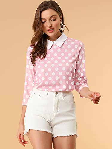 Allegra K Women's Polka Dots Contrast Peter Pan Collar Top 3/4 Sleeves Blouse Shirt X-Large Pink White #TOP2