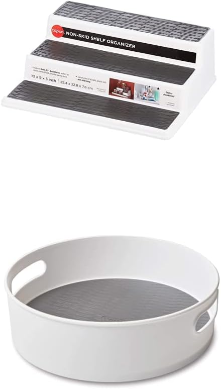 Copco Non-Skid 3-Tier Spice Pantry Kitchen Cabinet Organizer, 10-Inch, White/Gray Non-Skid Storage Turntable, 12-Inch, Gray