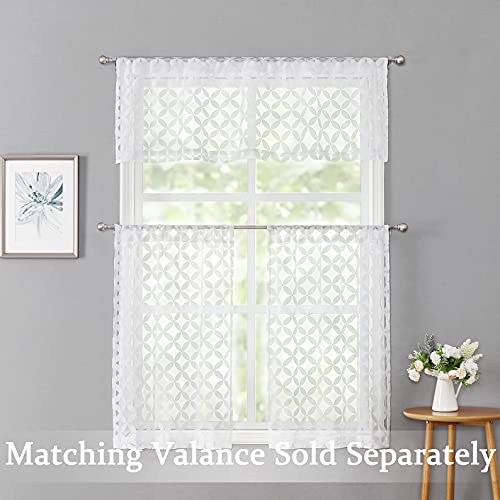 Floral Lace Sheer Short Window Curtain Cafe Tiers For Kitchen Sheer Window Treatments Rod Pocket For Laundry Room, Cafe, 2 Panels, 28''W X 36''L, White #TOP1