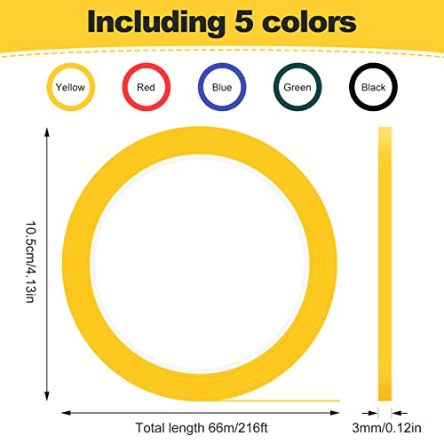 Whiteboard Tape, Graphic Chart Tape, Self Adhesive, Assorted 5 Colors, 3 mm x 66 m per roll, Pack of 5 Rolls