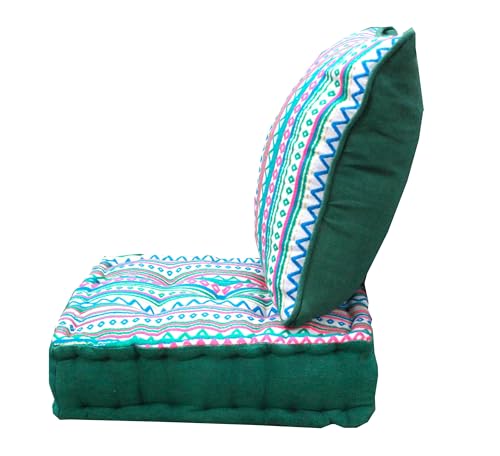 Image of Woven Quilted Floor Cushion Set 50x50x10 CM Green Boho with Fillers & Back Cushion, Large Size for Seating, Patio Seat, Meditation, Yoga, Pooja, Guests, Living 20x20x4 Inch