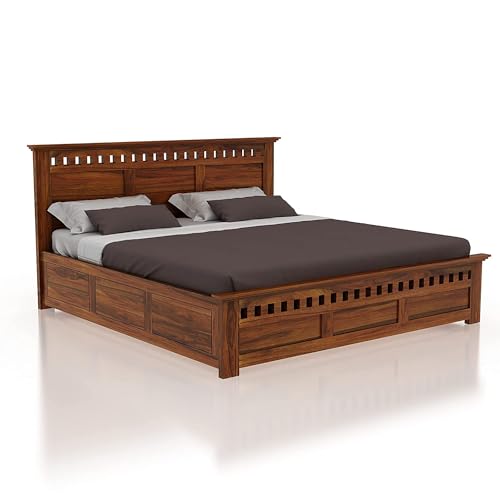 Image of Wooden King Size Bed with Storage | Double Bed Cot Bed with Box Storage for Bedroom & Hotel | Sheesham Wood | Natural Teak Finish | Recommended Mattress Size: 78X72