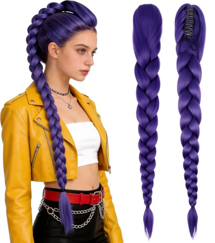 ASINWIN 29 inch Purple Braided Ponytail Wig Clip-On Hair Extension