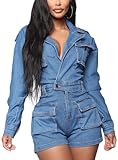SheKiss Womens Casual Long Sleeve Cargo Denim Rompers Button Zipper Closure Stretch Short Jumpsuits with Pockets