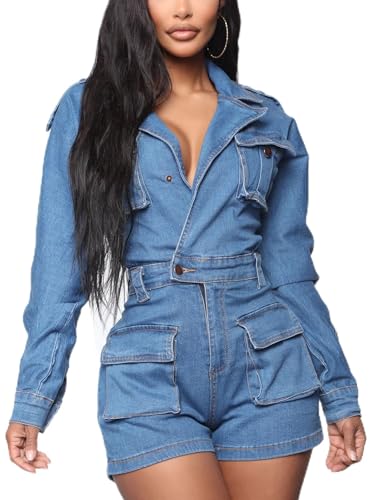 SheKiss Womens Casual Long Sleeve Cargo Denim Rompers Button Zipper