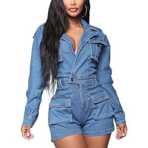 SheKiss Womens Casual Short Sleeves Denim Romers Elastic Waist Button Down Onesie Jumpsuits with Pockets