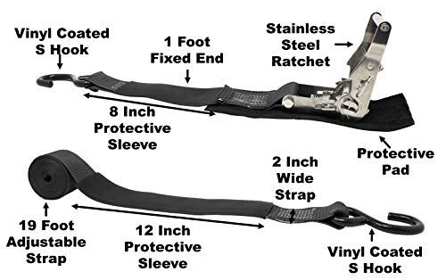 Customtiedowns 2 Inch X 20 Foot Ratchet Strap, Stainless Steel Ratchet With Short Wide Handle And Protective Pad Underneath, Vinyl Coated S Hooks On Both Ends. (Black) #TOP1