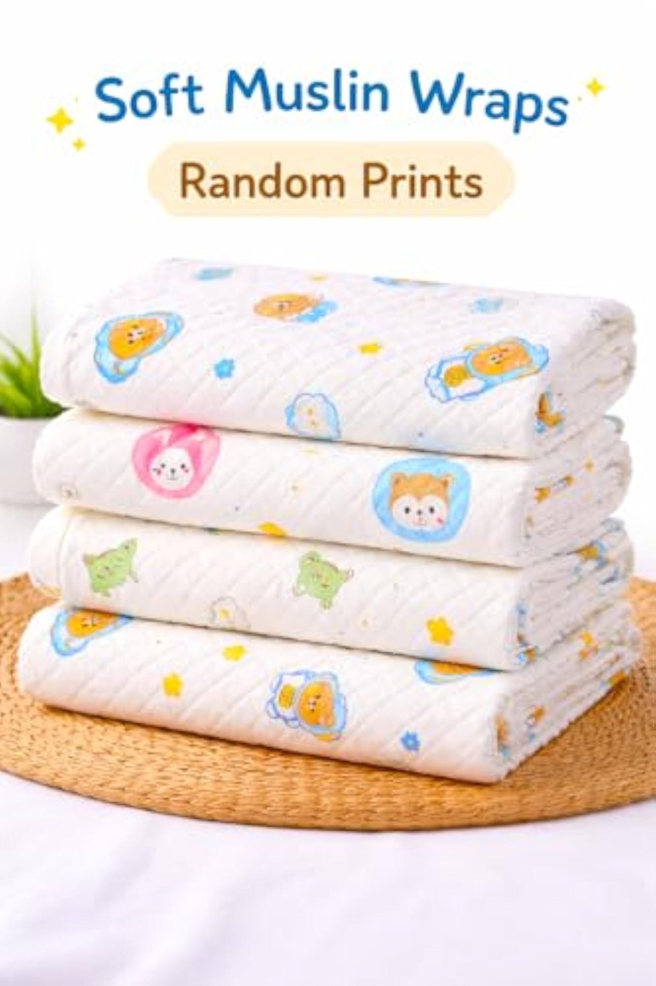 Muslin Knitted Cotton Blanket with Belt, White, Random Print