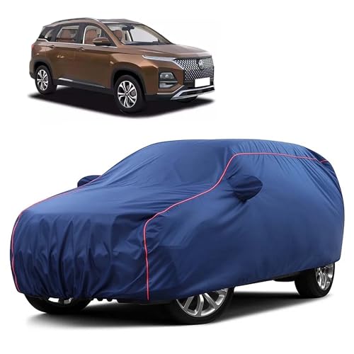 Image of Sulfar 100% Water Resistant Car Body Cover Compatible with Mirror for MG Hector Plus (Triple Stitched, Full Bottom Elastic, Blue Taffeta with Red Piping)