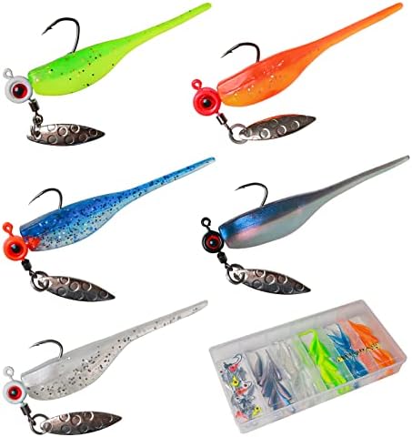MITOBASS Crappie Lures 60Pcs Kit - 50 Small Shad, 10 Jig Heads for Crappie Fishing Lures