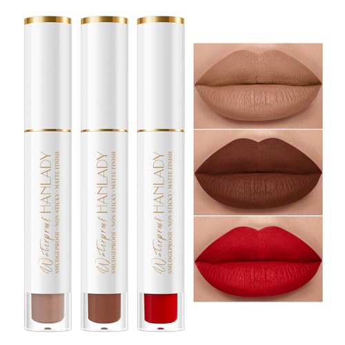 HANLADY Batom Nude Marrom Vermelho Escuro, 3 Batons De Longa Dura...