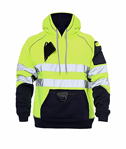 BSBAAA FASHIONS Hi Viz Hoodie Sweatshirt Safety Work Reflective Tape Band Work Warm Security High Visibility Sweatshirt 3 Zip Pocket Pullover Hooded Top (Yellow 4XL)