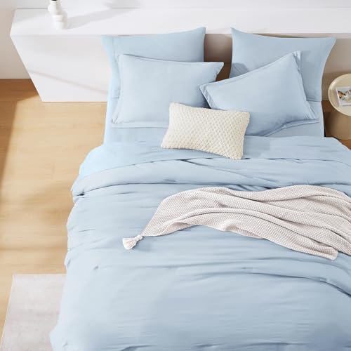 Image of Queen Comforter Set-7 Pieces Soft Prewashed Bed in a Bag Queen Bedding Sets | All Season Comforter with Sheets, Pillow Shams & Pillowcases,Ice Blue
