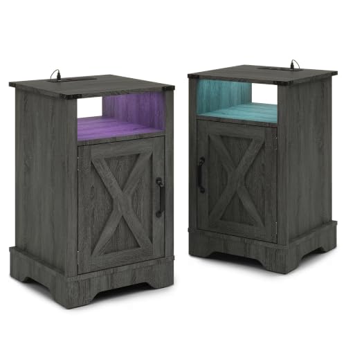 Image of Softa Nightstand Set of 2 with Charging Station & LED Lights, Rustic Bedside Table with Storage Cabinet and Shelf, Farmhouse Wooden End Table, Dark Gray