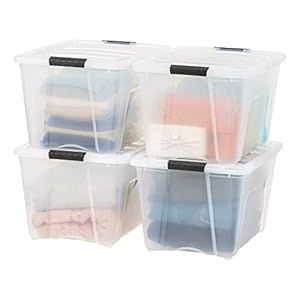 IRIS USA 54 Qt Stackable Plastic Storage Bins with Lids, 4 Pack – BPA-Free, Made in USA – See-Through Organizing Solution, Latches, Durable Nestable Containers, Secure Pull Handle – Clear