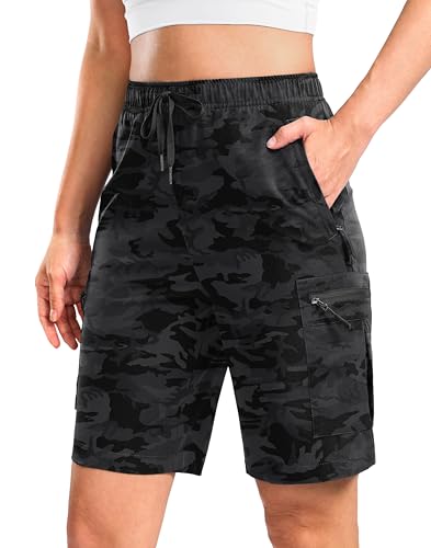 SANTINY Women's 7"/9" Lightweight Hiking Cargo Shorts with 5 Zipper Pockets Quick Dry Summer Long Travel Golf Short for Women (Grey Camo_XXL)