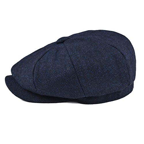 Botvela Men's 8 Piece Wool Blend Newsboy Flat Cap Herringbone Tweed Hat (Navy, 7 5/8) #TOP2