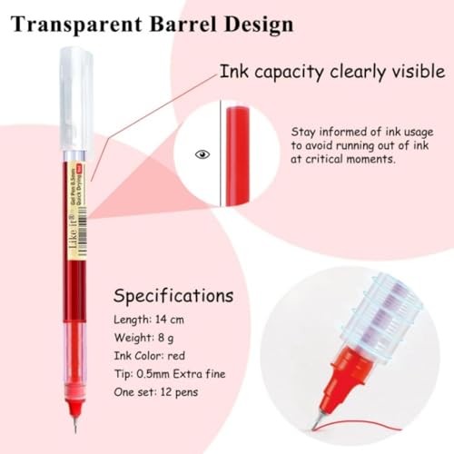 Image of like it Red 0.5mm Roller Pen Color ink Straight Liquid Rollerball Gel Pen for School Office Stationery Pack of 12 (Red)