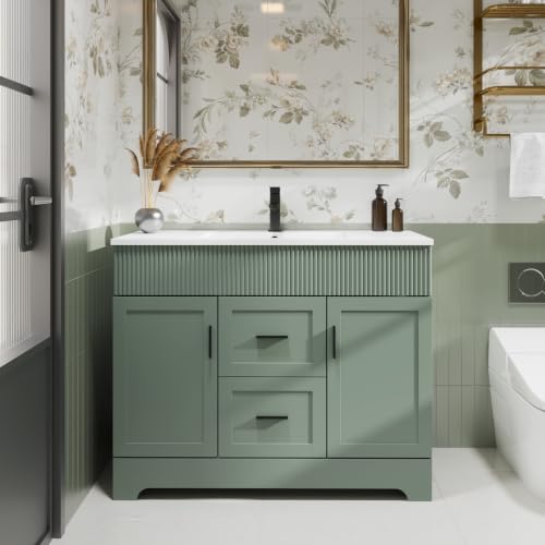 Image of eclife 42 inch Bathroom Vanities Sink Combo with Painted Surface, Modern Drawered Cabinet W /Decorative Wave Lines, Undermount Single White Sink, Matte Black Faucet Drain, Gray Green