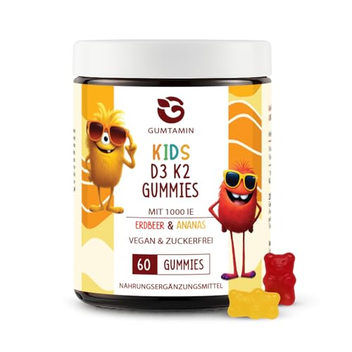Gumtamin Vitamin D3 K2 Kinder Gummibärchen Vitamin D (1000 IE) Gummies für Kinder ab 4 Jahren Nahrungsergänzungsmittel mit Vitamin D3 & Vitamin K2 Erdbeer & Ananas 60 Gummies