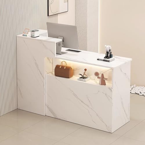 BK&MF 受付カウンター LEDライト付き モダン レジカウンター 幅100-140cm木製 カウンターテーブルロック引き出し組み立てが簡単 耐摩耗性お店 美容室 アパレルショップ 会社フロント,A,Left Cabinet 55x20x39inch