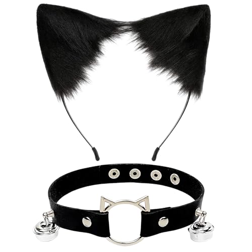 JqruiTbeis Katzenohren Schwarz 2er Set Mit Passender Halskette Weiches Material Für Kostümpartys Und Cosplay Verstellbar Für Komfortablen Sitz