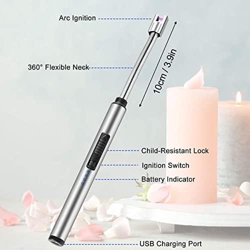 Candle Lighter Rechargeable Candle Lighter Electric Lighters Flameless Electric Candle Lighter Safety Lock Arc Lighters Windproof Flexible Long Lighter for Home Kitchen Outdoor BBQ Camping
