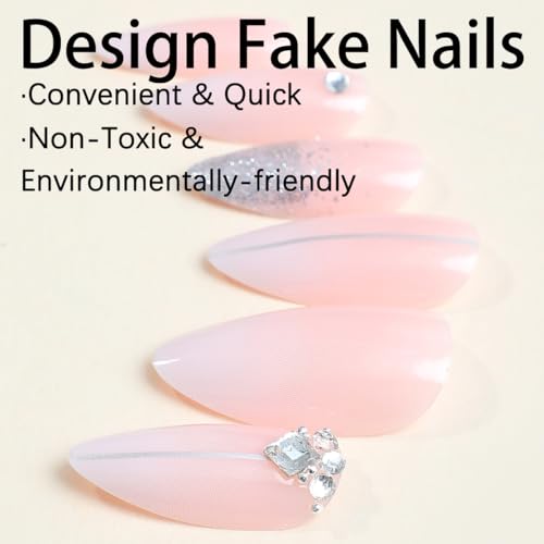 Image of Silver Glitter Press on Nails French Tip Fake Nails Medium Almond False Nail with Rhinestone Design Nude Glossy Artificial Acrylic Full Cover Diamond Glue on Nail for Women Christmas Manicure 24Pcs